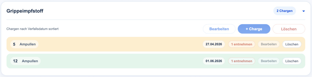 Produktdetail mit Chargen, Mengen und Verfallsdaten in der Inventarverwaltung