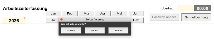 Excel-basierte Zeiterfassung für kleine Unternehmen mit Monatsübersicht und Schnellbuchung