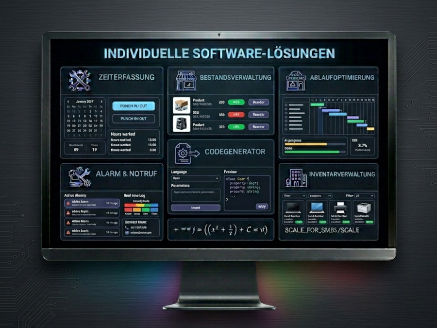 Arbeitsplatz mit Monitor und Code als Symbol für individuelle Softwareentwicklung